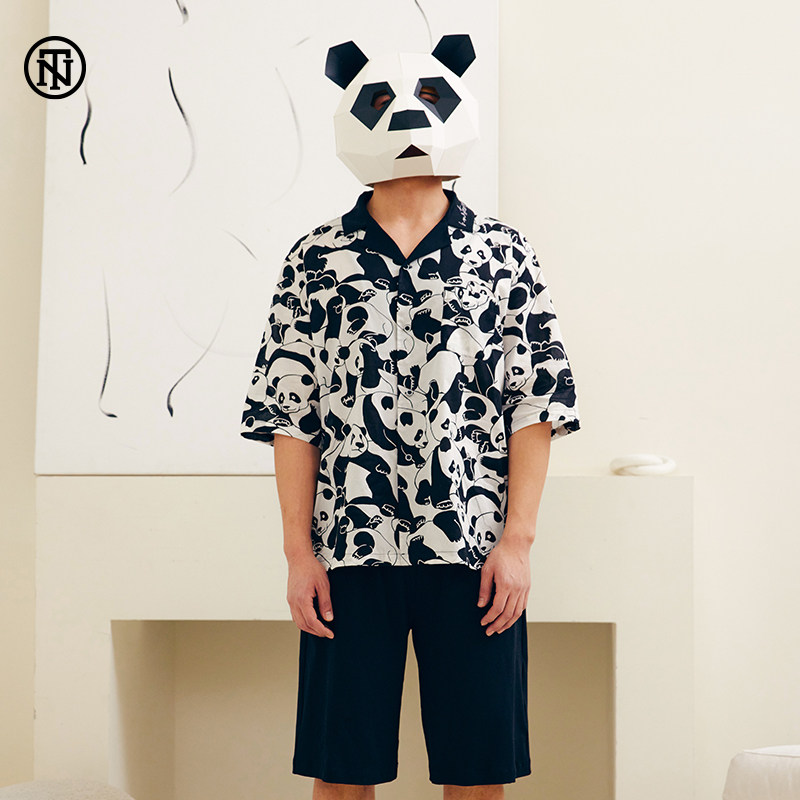 NoirTease奈黎诗夏情侣纯棉薄款刺绣熊猫印花睡衣两件套装家