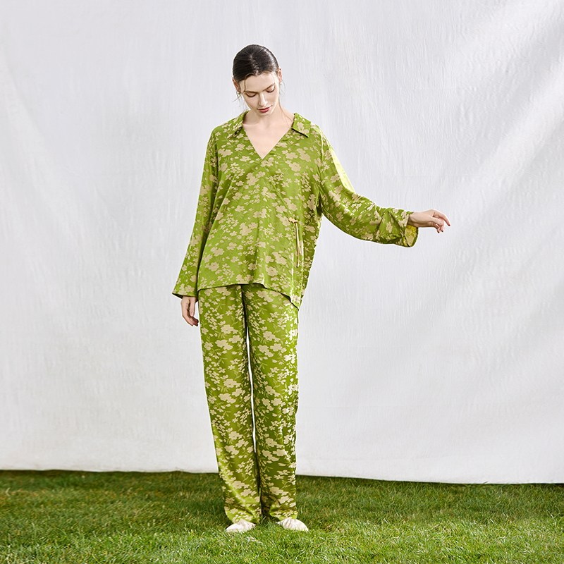 NoirTease春秋丝质印花睡衣女士复古V领长袖家居服两件套装