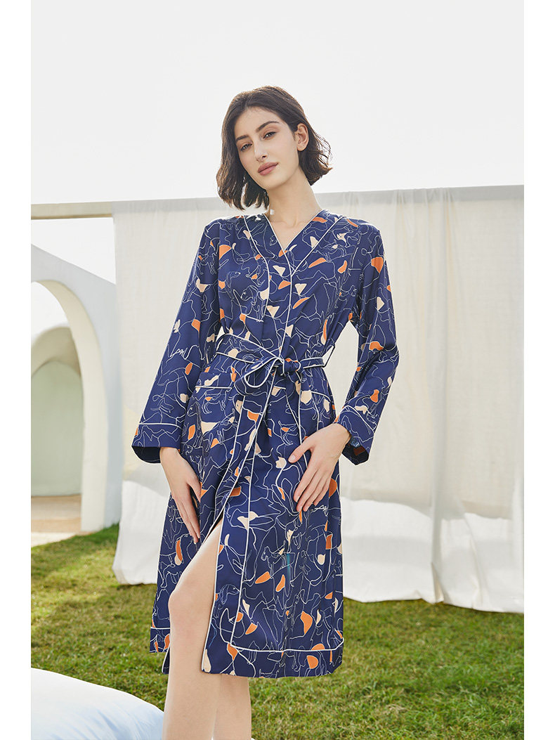 NoirTease春季薄款丝质睡袍女士印花中长款系带浴袍睡衣家居