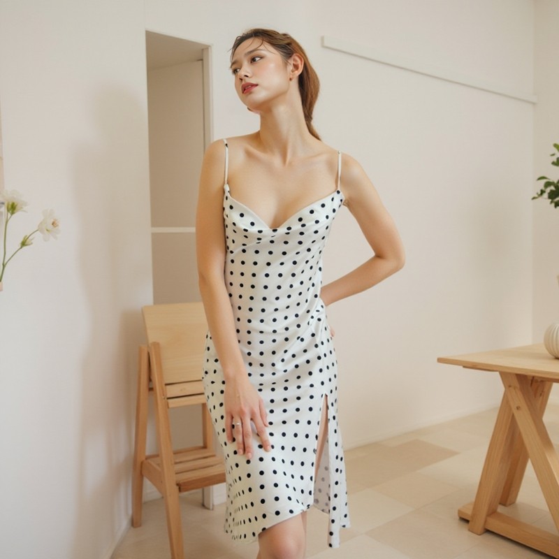 NT夏季性感一字领修身冰凉感吊带睡裙薄款复古外穿家居服睡衣女夏