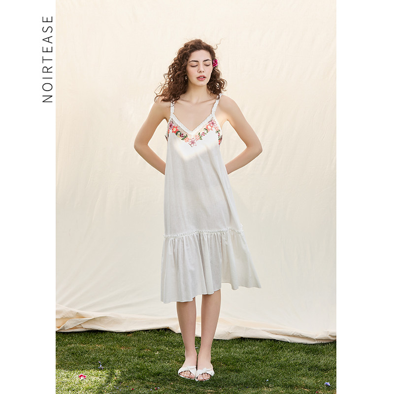 NoirTease夏季性感纯棉薄款睡裙女蕾丝全棉法式中长款吊带睡