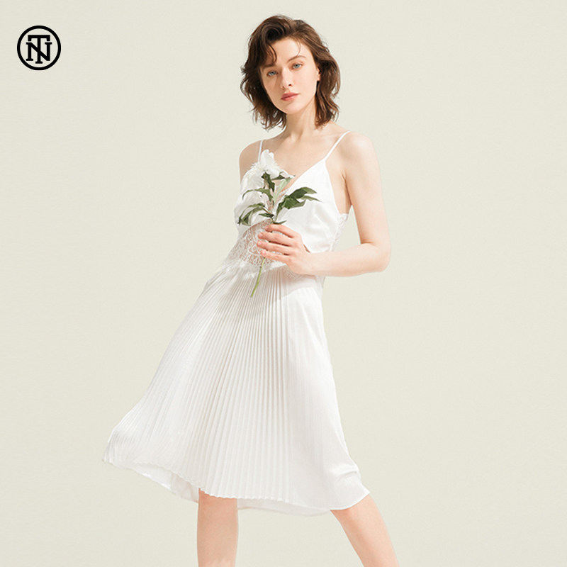 NoirTease奈黎诗夏季薄款睡裙性感蕾丝女士醋酸丝质睡衣V领