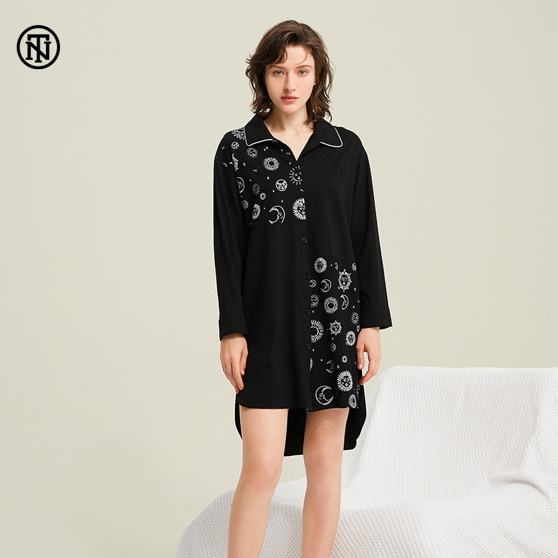 NoirTease奈黎诗女士春夏纯棉宽松衬衫睡裙性感男友风睡衣家