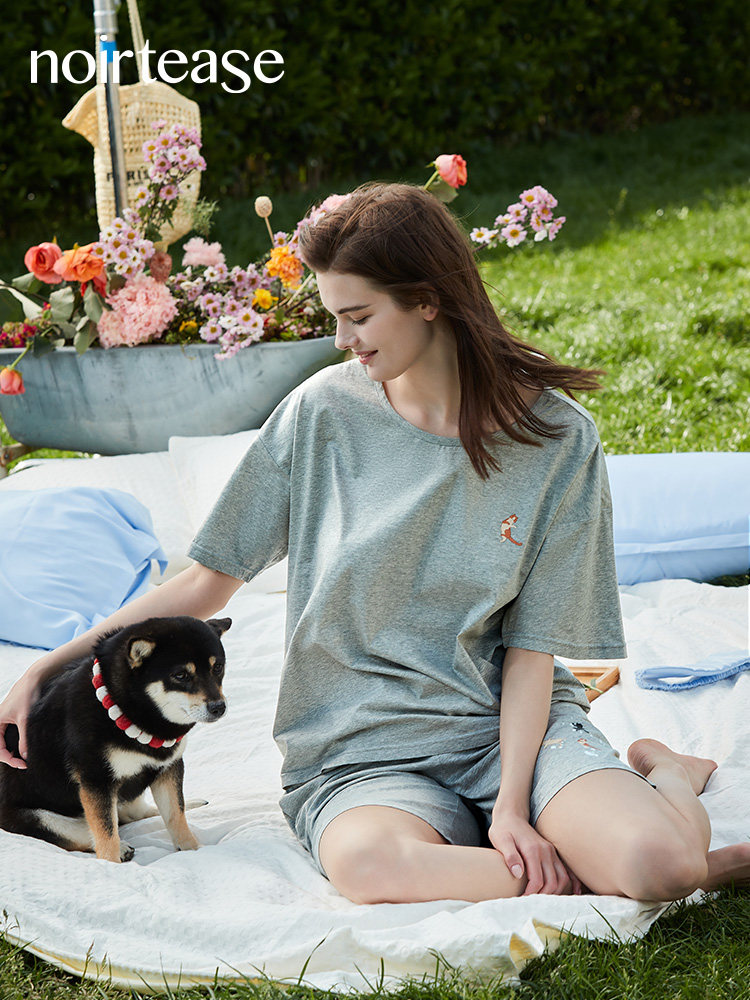 NoirTease奈黎诗夏季薄款纯棉睡衣女士短袖印花全棉家居服可