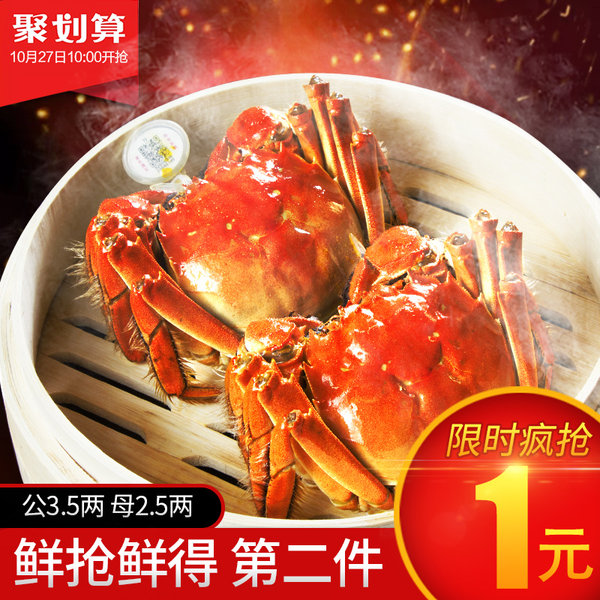 阳澄绿洲 阳澄湖大闸蟹 3.5两公+2.5两母 6只礼盒装*2盒 聚划算双重优惠折后￥154包邮（￥158*2-157-5）