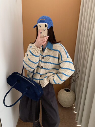 2026春季新款韩版宽松显瘦百搭条纹针织开衫毛衣外套女