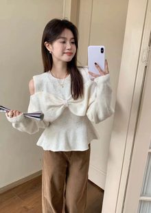 韩系甜美风圆领蝴蝶结肩部镂空针织衫个性时尚短款亮丝线女神毛衣