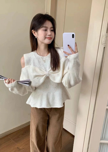 韩系甜美风圆领蝴蝶结肩部镂空针织衫个性时尚短款亮丝线女神毛衣