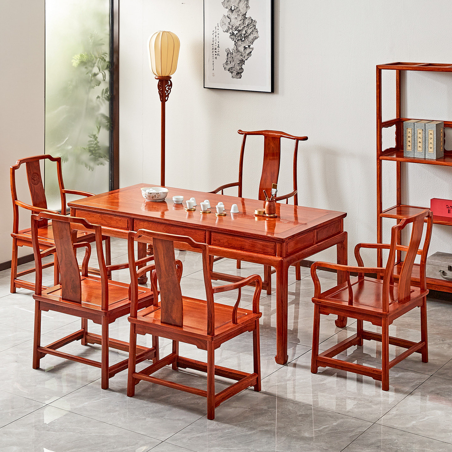红木大果紫檀茶桌椅组合实木