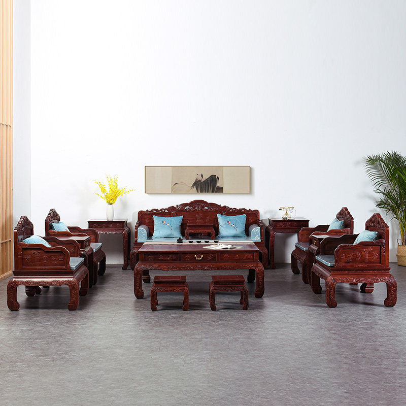 红木家具赞比亚血檀沙发十三件套整装中式全实木组合清式八宝雕花