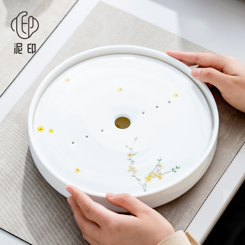 泥印圆形陶瓷茶盘家用储水功夫