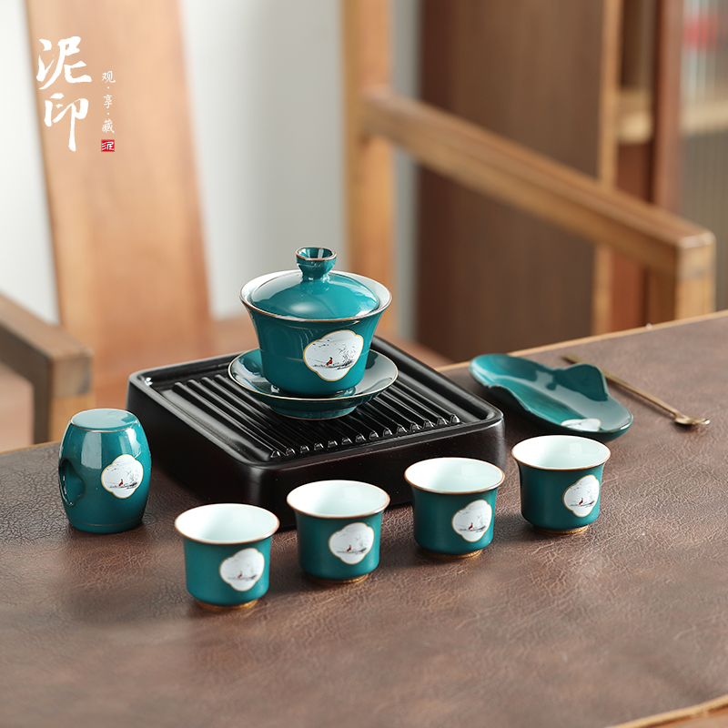 泥印孔雀绿寒江垂钓茶具套装家用