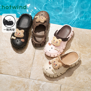 热风纯色洞洞鞋女鞋2025年夏季新款女士时尚拖鞋卡通小熊户外凉拖