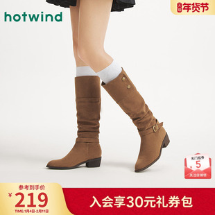 热风都市游牧风堆堆靴2025年冬季新款西部牛仔靴长筒靴两穿骑士靴