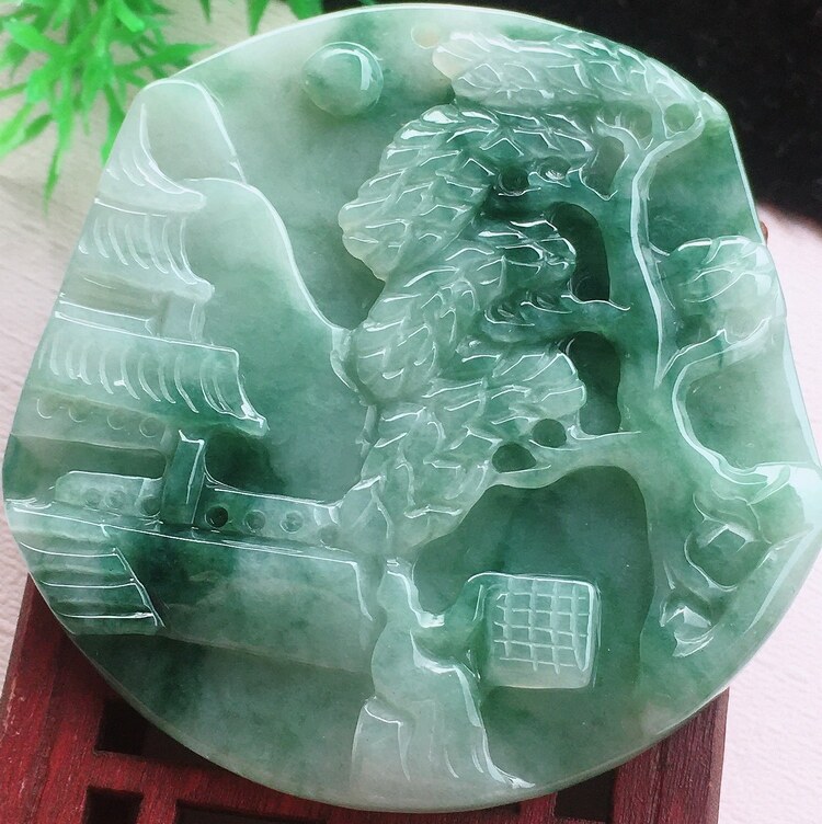 水头足 飘蓝花手工巧雕老坑种a货翡翠 山水挂件带证书