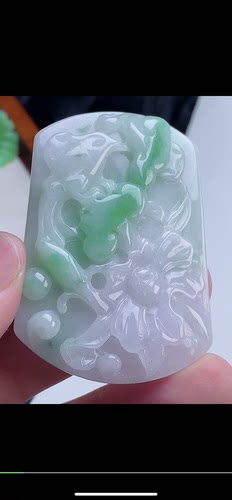56.3-40.8-8mm飘绿巧雕鸟语花香吊坠，天然翡翠A货aaa6727八