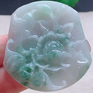 水头十足 飘蓝花手工巧雕老坑种A货翡翠 鸟语花香挂件带证书
