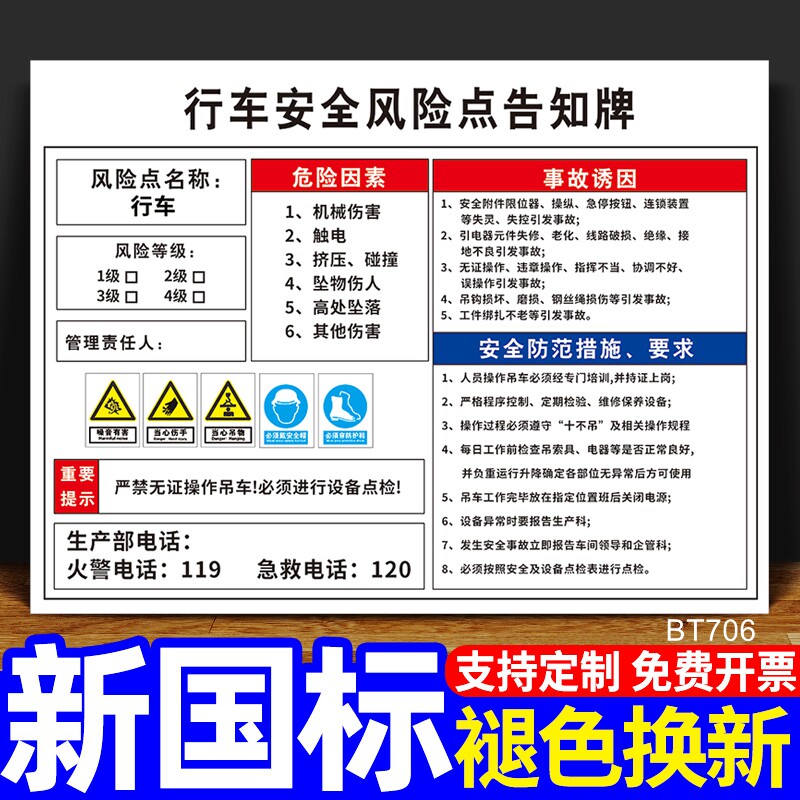 行车岗位安全风险点告知牌周知卡厂房车间生产工厂标识牌定做警示标志