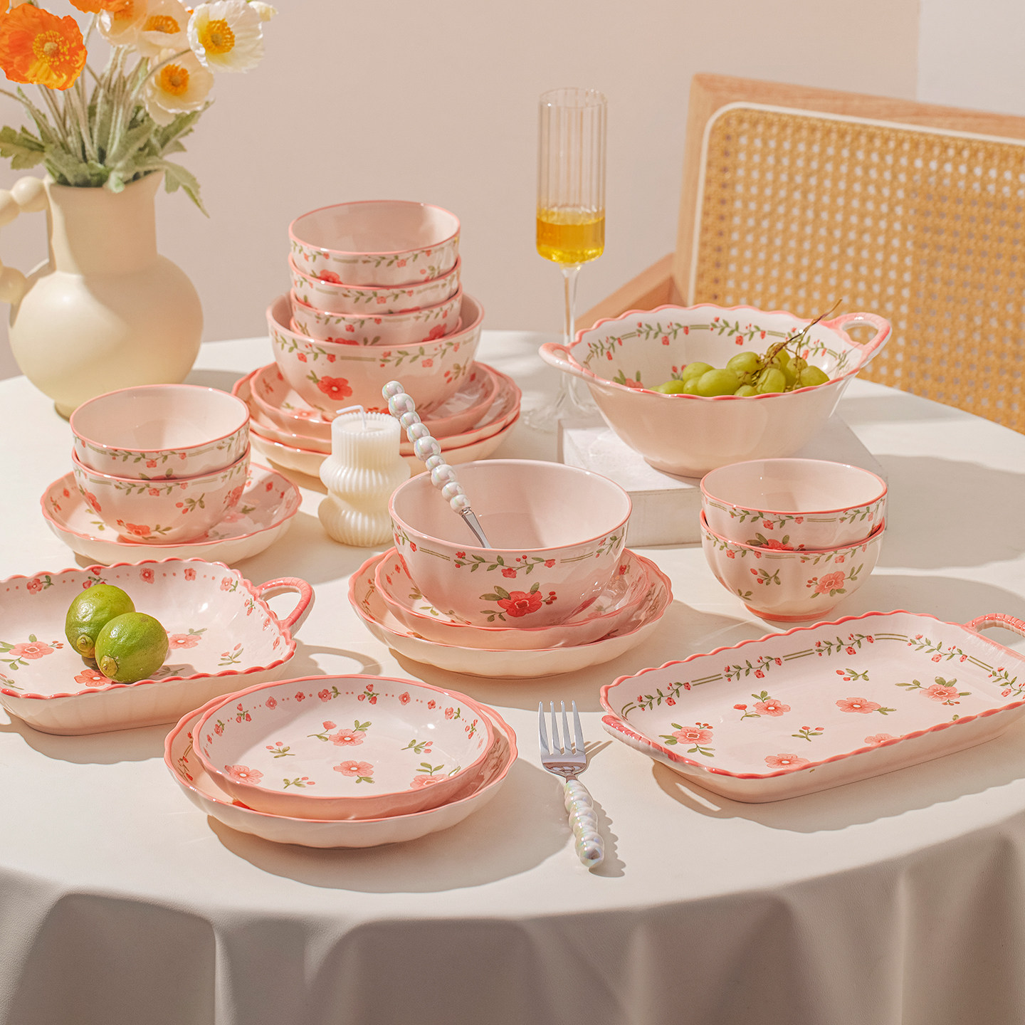 釉下彩碗碟套装碗家用2026奶油风手绘高颜值陶瓷餐具套装碗盘乔迁