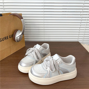 子女ins潮厚底增高学生百搭运动休闲板鞋 圆头鞋 2026 新款 银色春季