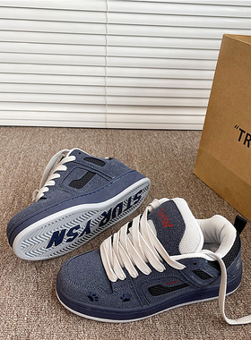 鞋子男深蓝色美式复古板鞋女厚底面包鞋学生运动鞋2026春秋季新款