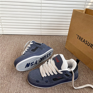 鞋子男深蓝色美式复古板鞋女厚底面包鞋学生运动鞋2026春秋季新款