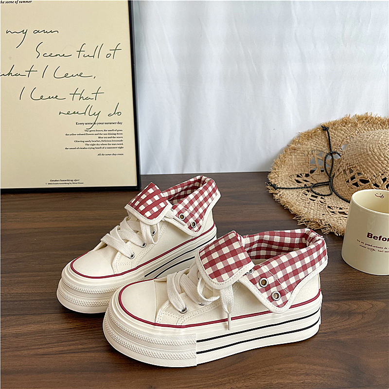 易少年 2025冬季爆款新款两穿格纹帆布鞋女高帮厚底百搭复古板鞋