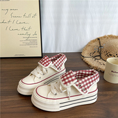女高帮厚底百搭复古板鞋 易少年 新款 两穿格纹帆布鞋 2025冬季 爆款