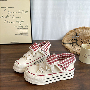 易少年 2025冬季爆款新款两穿格纹帆布鞋女高帮厚底百搭复古板鞋