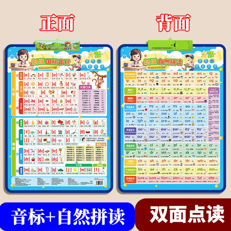 三年级英语音标自然拼读课本同步单词情景对话双面点读发声挂图