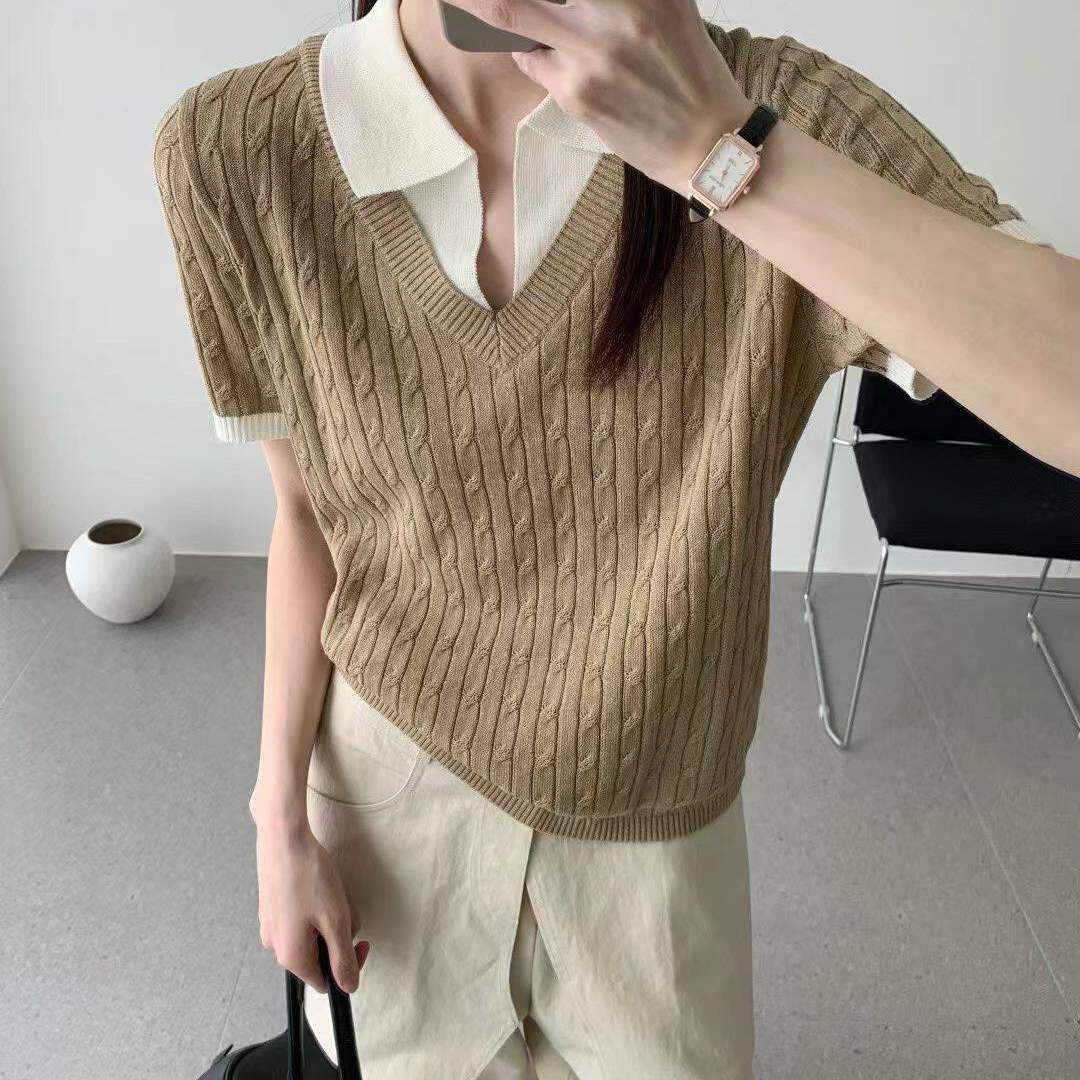 韩版撞色翻领麻花纹假两