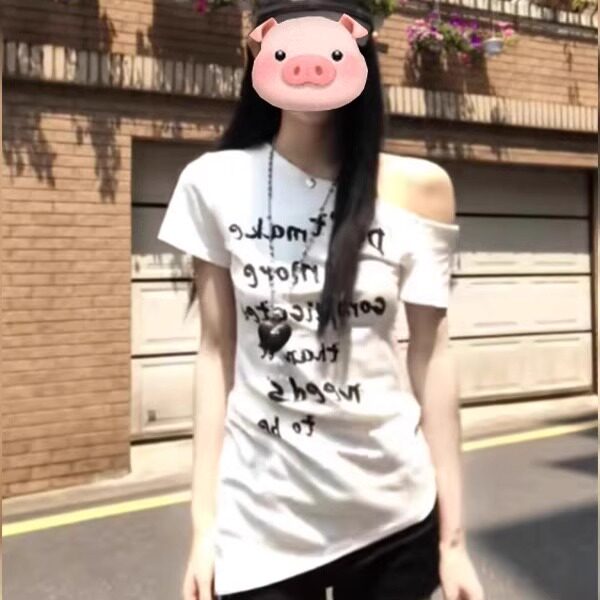 美式辣妹字母印花斜肩短