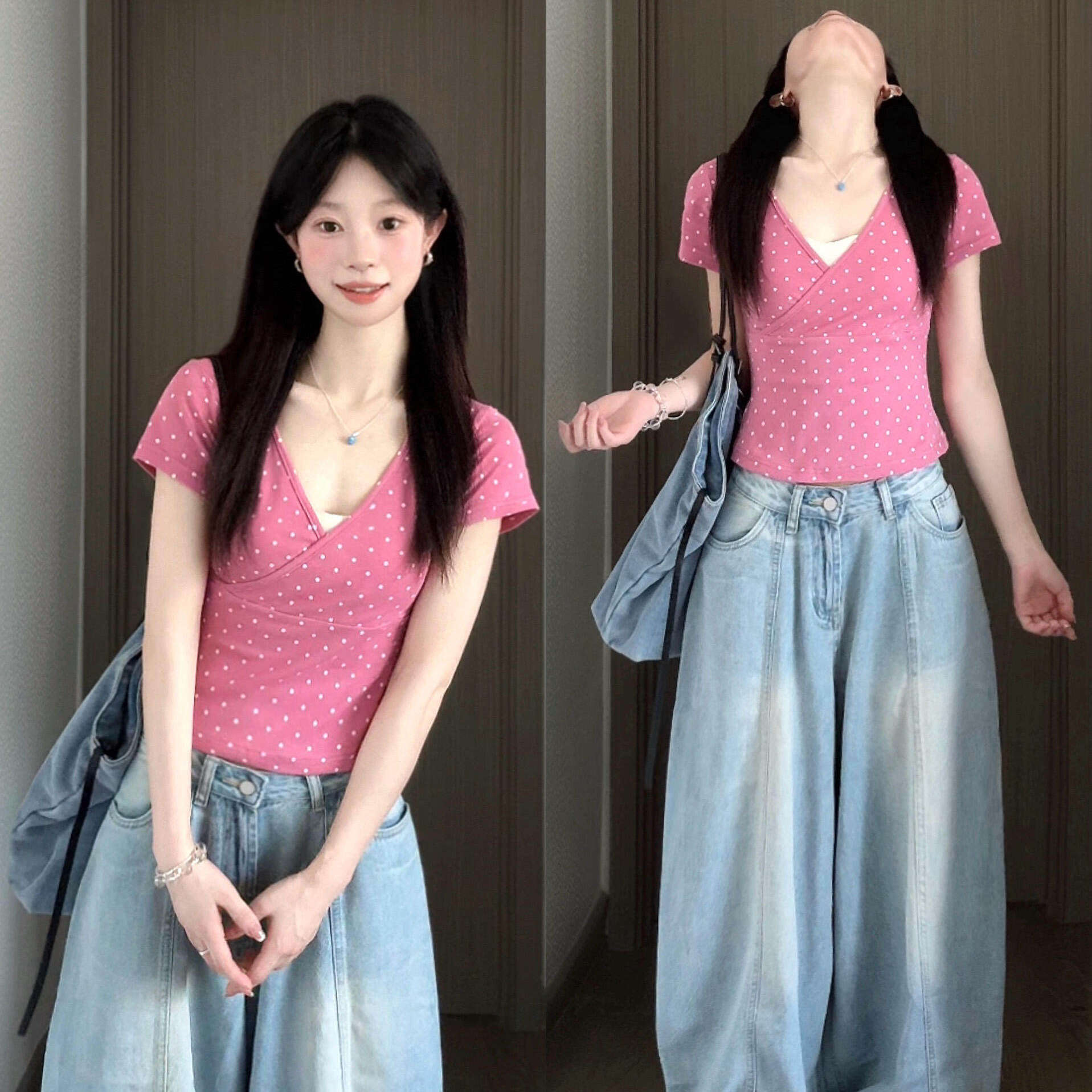 韩系甜美风粉色V领波点短