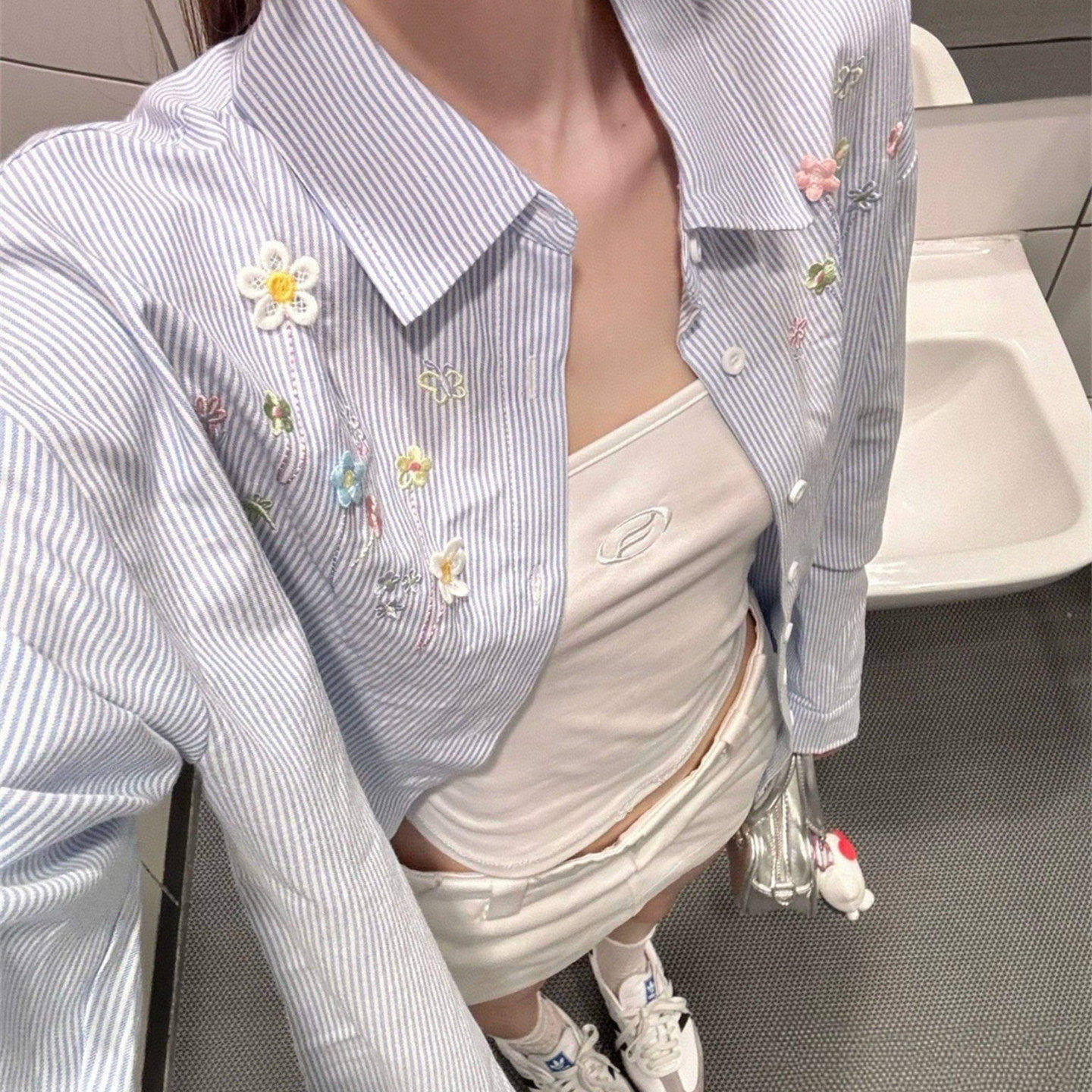韩系蓝色衬衫女春秋季外