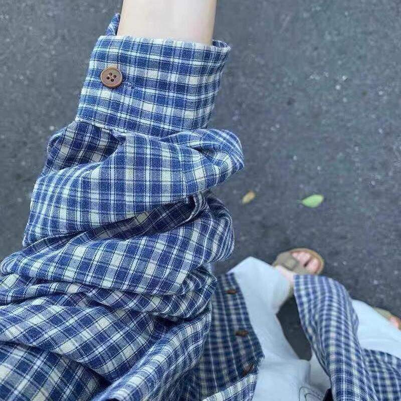 蓝色格子条纹长袖衬衫202