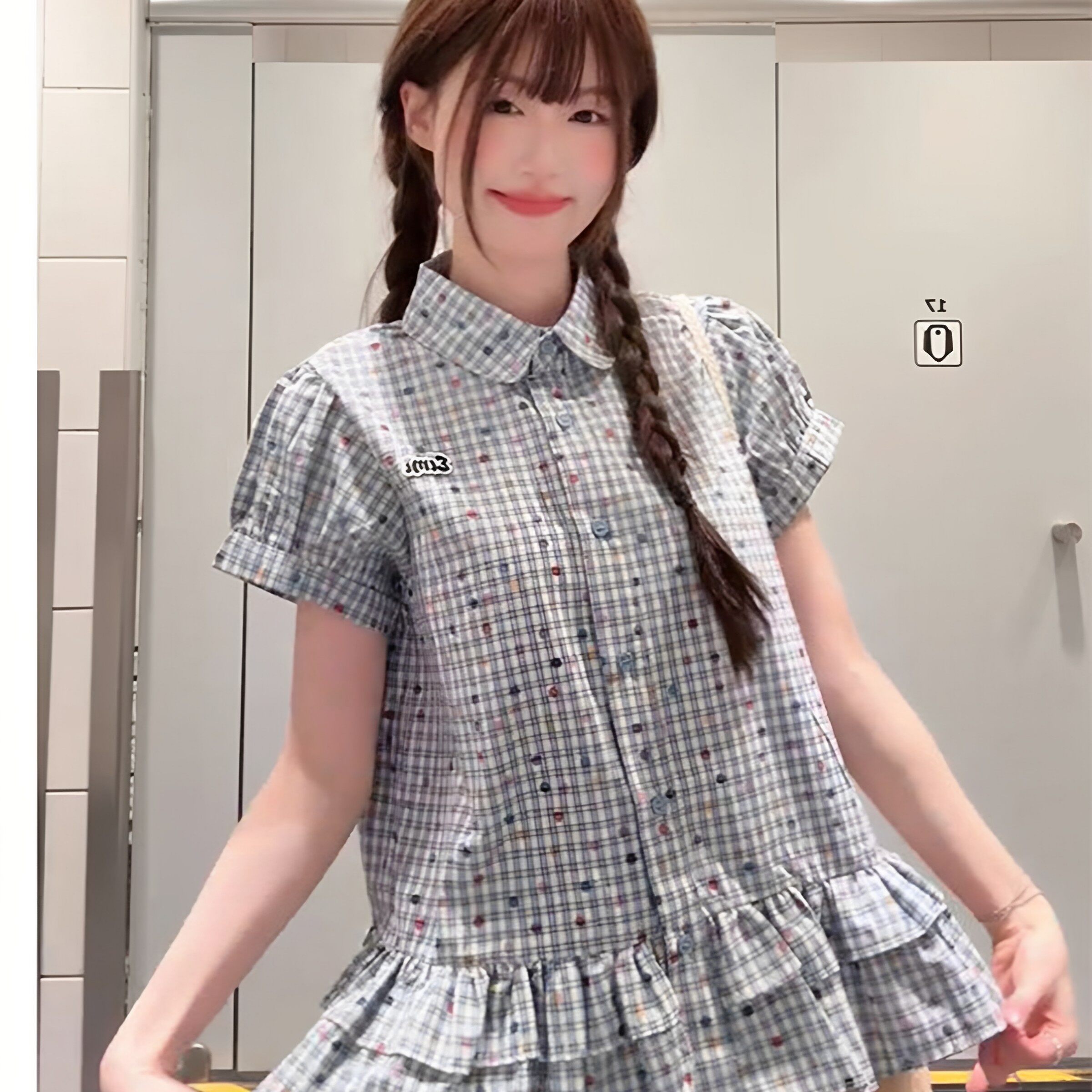 韩系蓝色格子短袖衬衫女