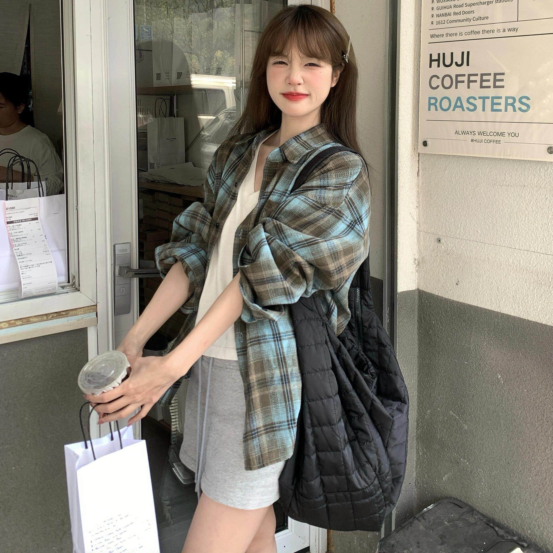 蓝色格子防晒衬衫外套女