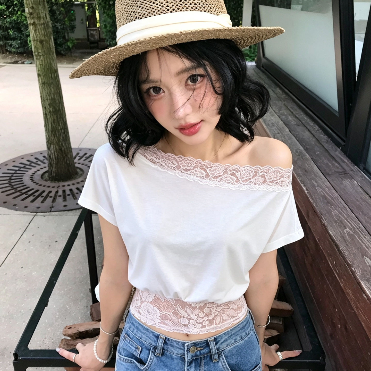 蕾丝斜肩短袖t恤女夏季新