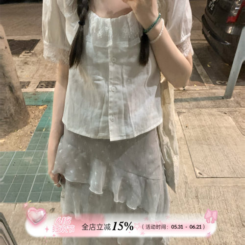 TheDouerr 呼吸感白色亚麻花边少女感短袖上衣衬衫