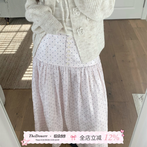 TheDouerr  跳跳糖粉色波点纽扣长半裙半身裙长裙