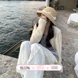 蓝白两色阔腿休闲裤 TheDouerr 泡泡奶芙少女感花边拖地长裤