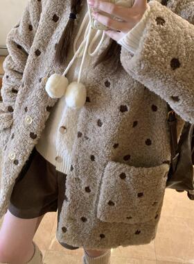 TheDouerr 秋冬氛围感奶茶波点毛毛加厚无领外套羊羔毛冬季上衣
