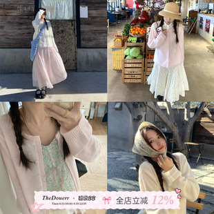 TheDouerr 绵羊泡芙少女感针织花边马海毛粉白开衫长袖