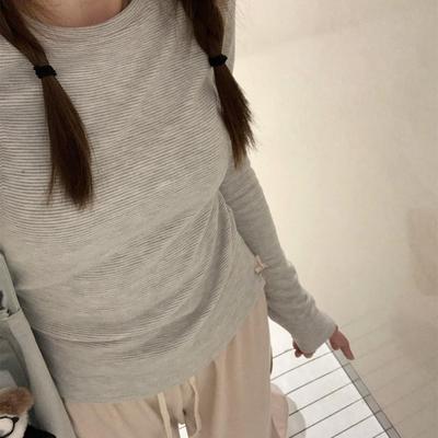 TheDouerr 云朵感灰白细条纹德绒打底衫百搭内搭长袖T恤女秋冬