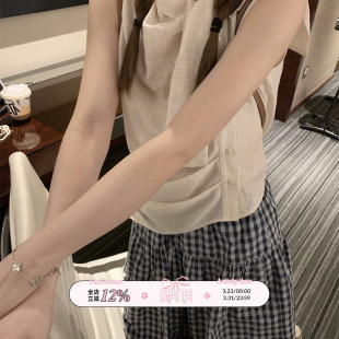 TheDouerr 显瘦甜美 粉色条纹微透不规则飘带领背心无袖