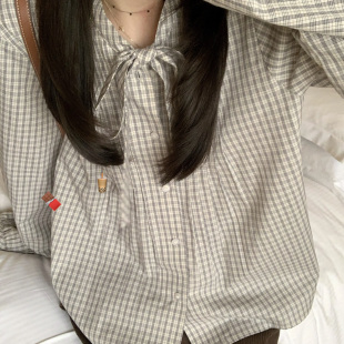 长袖 宽松休闲 暗夜缪斯黑白格飘带叠穿衬衫 TheDouerr