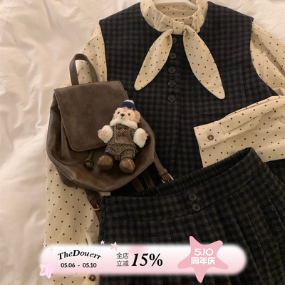 TheDouerr 曼哈顿夜藏青格纹百搭复古马甲套装外套半裙两件套