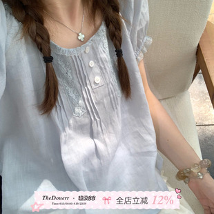 TheDouerr 100%苎麻透气甜美花边微透宽松短袖上衣薄款小个子上衣