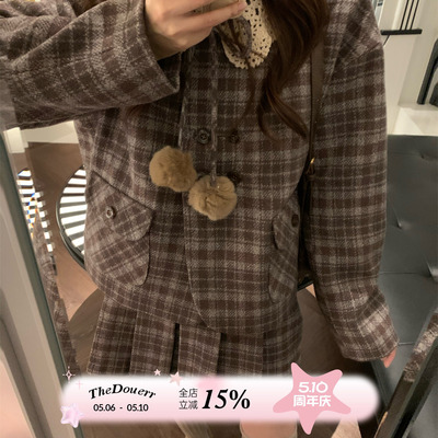 TheDouerr  咖啡奶球格纹少女可拆卸领夹棉套装