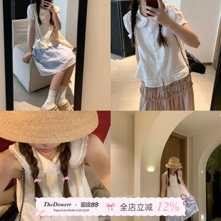 TheDouerr  少女感纯白镂空挖肩短袖上衣无袖娃娃领衬衫